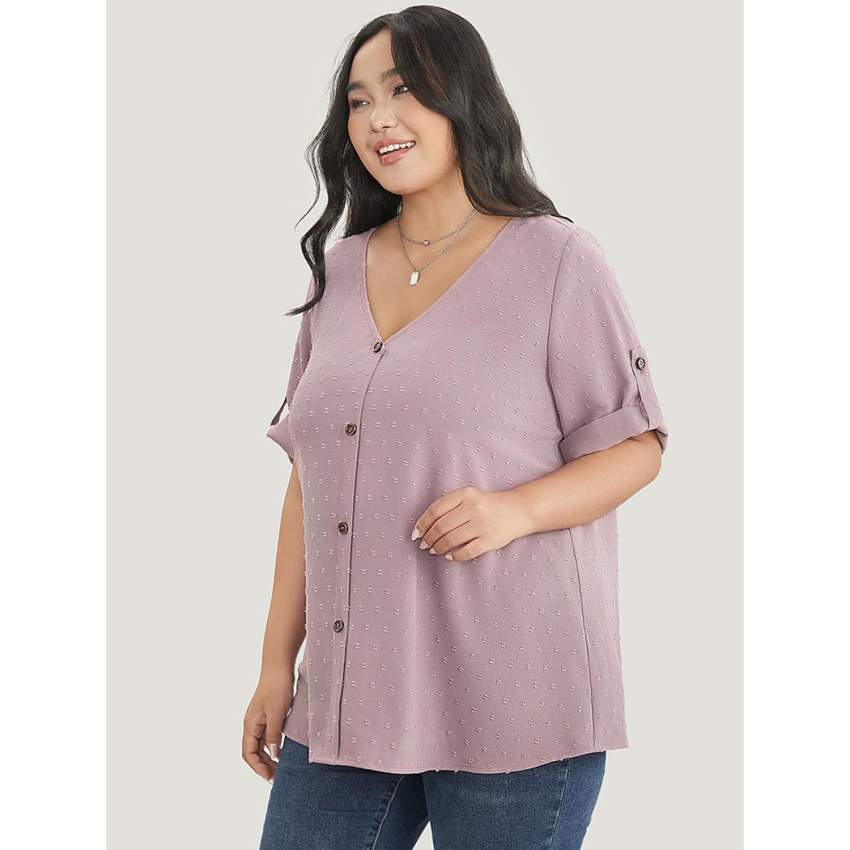 Plus Size Mauve Polka Dot V Neck Button Detail Cuffed Sleeve Blouse Women Office Elbow-length sleeve V-neck Work Blouses BloomChic 22-24/3X Product Image