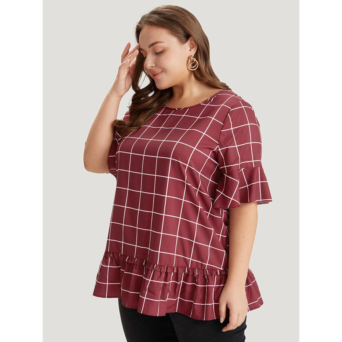 Plus Size Burgundy Plaid Frill Trim Bell Sleeve Flutter Hem Blouse Women Elegant Half Sleeve Round Neck Dailywear Blouses BloomChic 14-16/1X Product Image