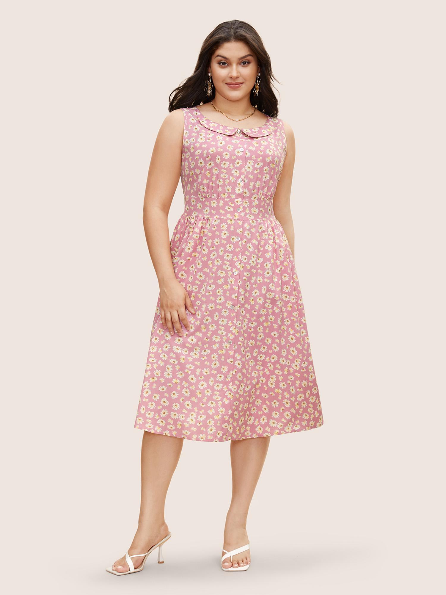 Plus Size Collared Daisy Midi Dress Blush Women Elegant Gathered Lapel Collar Sleeveless Curvy BloomChic 30/6X Product Image