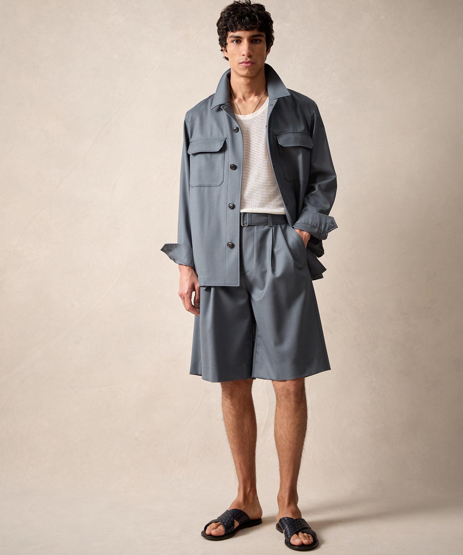 Italian Gabardine Belted Short in Steel Blue Product Image