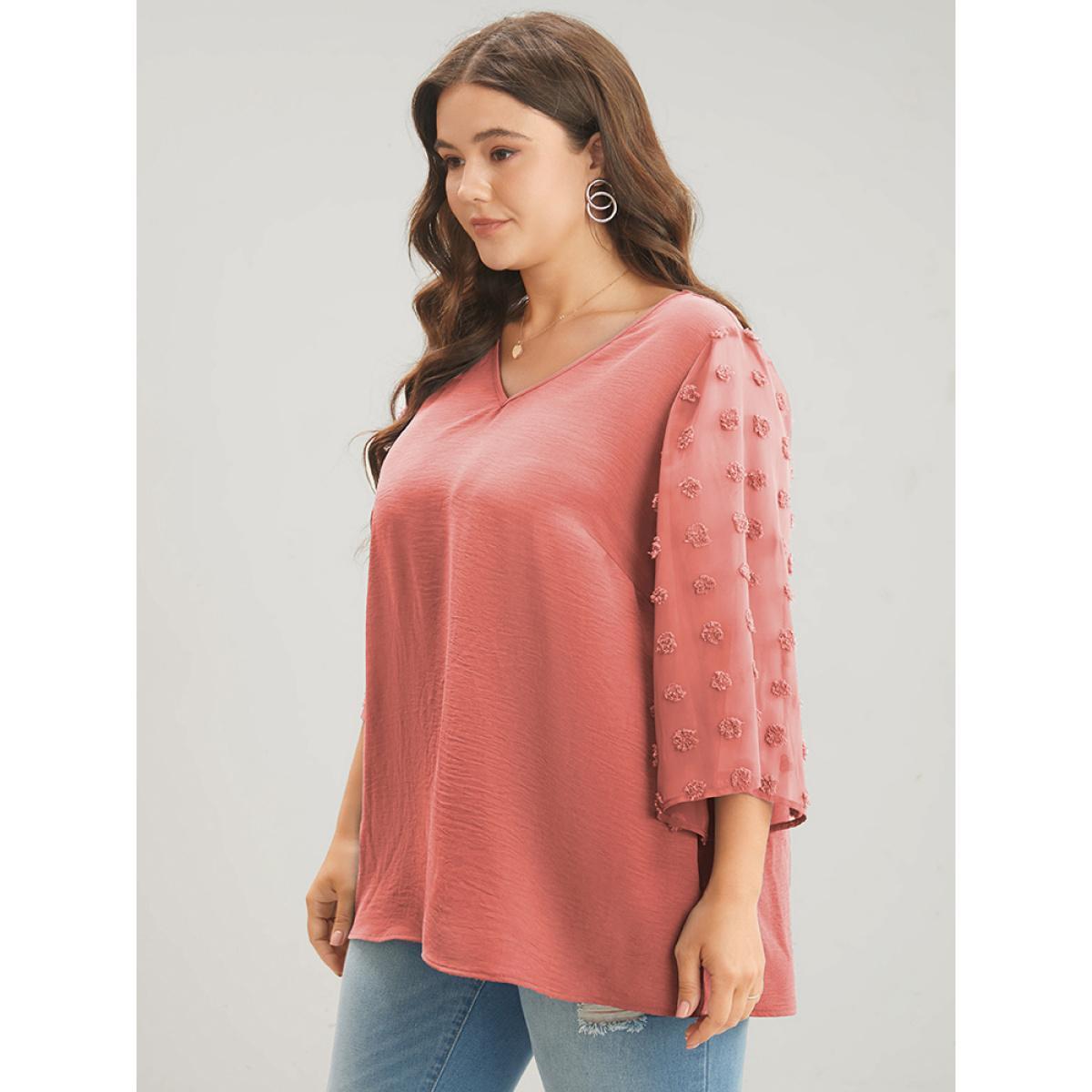 Plus Size DustyPink Polka Dot Mesh Patchwork Flounce Sleeve Blouse Women Casual Elbow-length sleeve V-neck Dailywear Blouses BloomChic 26/4X Product Image
