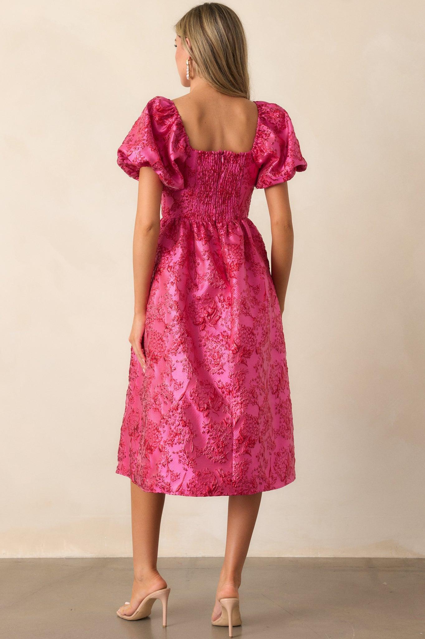 Blooming Hearts Pink Floral Jacquard Midi Dress Product Image