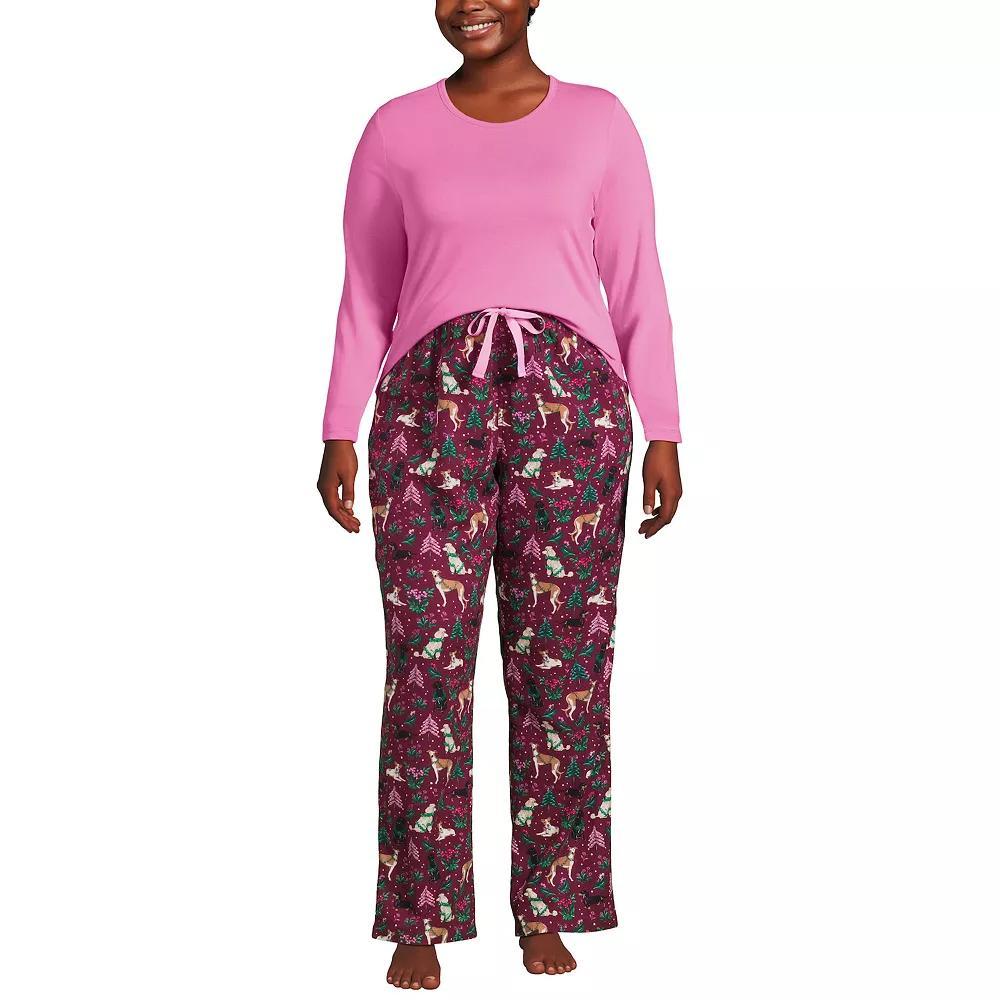 Plus Size Lands' End Knit Long Sleeve Pajama Top & Flannel Pajama Pants Sleep Set, Women's, Size: 2XL, Red Hounds Product Image