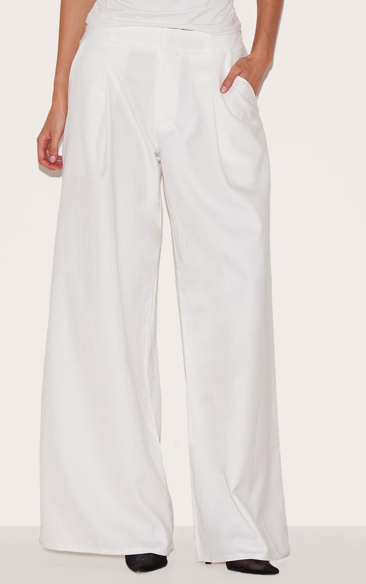 White Woven Double Pleat Wide Leg Pants Product Image