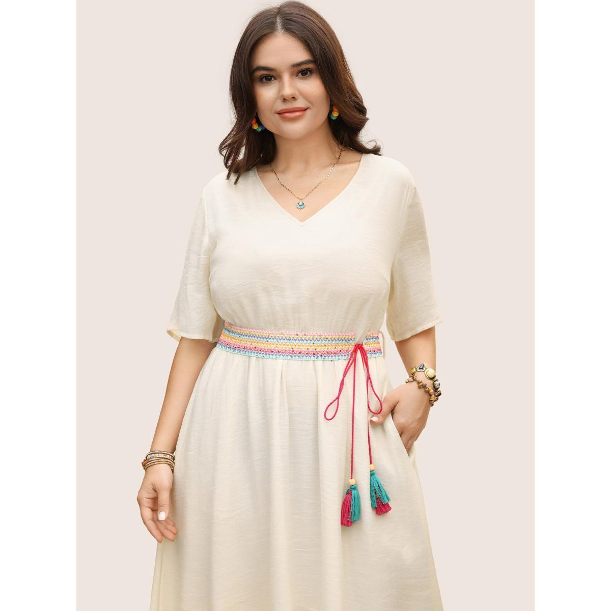 Plus Size V Neck Tassel Trim Mesh Midi Dress Originalwhite Women Resort V-neck Half Sleeve Curvy BloomChic 10/M Product Image