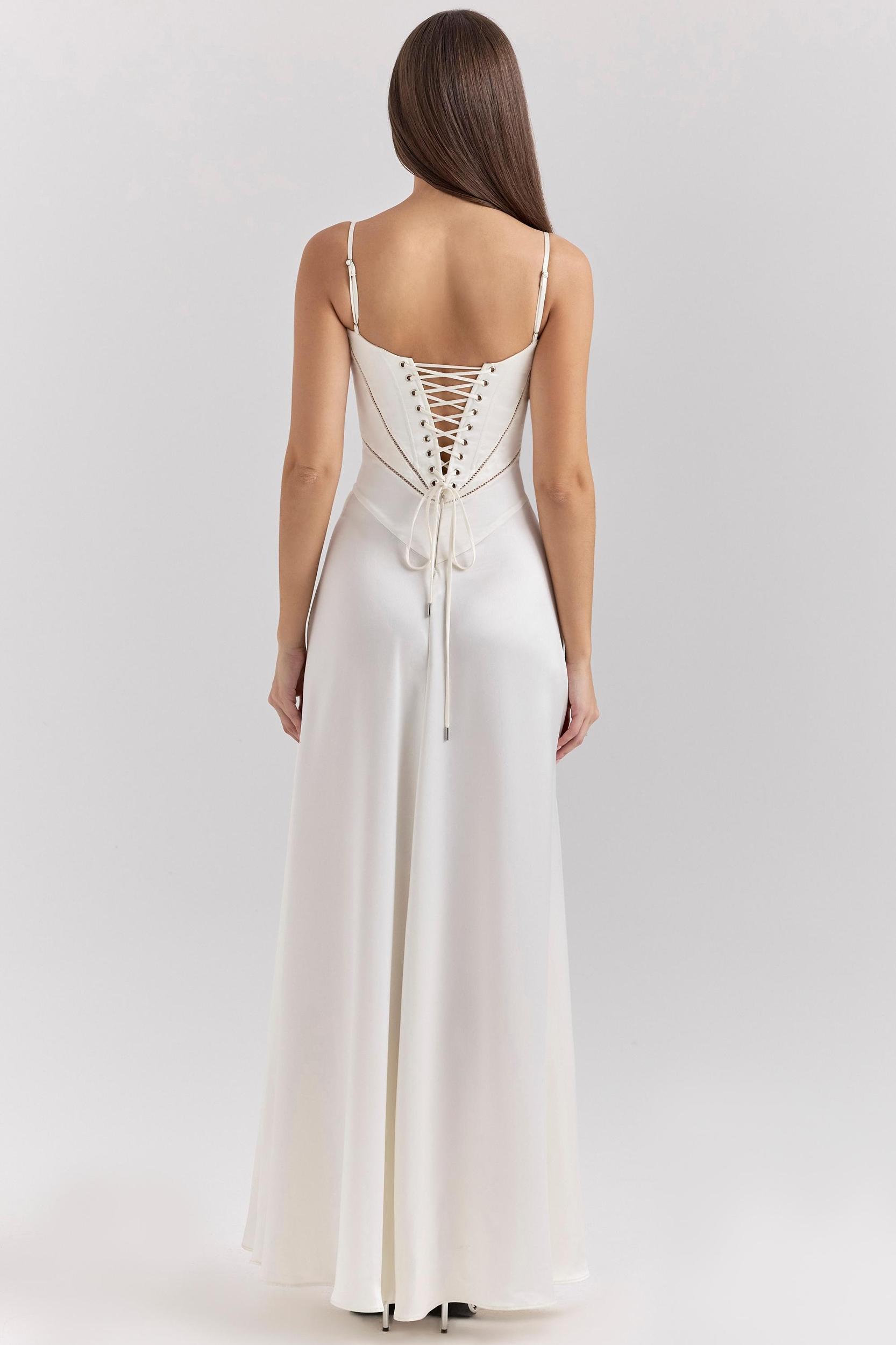 Anabella Ivory Satin Lace Up Maxi Dress Product Image