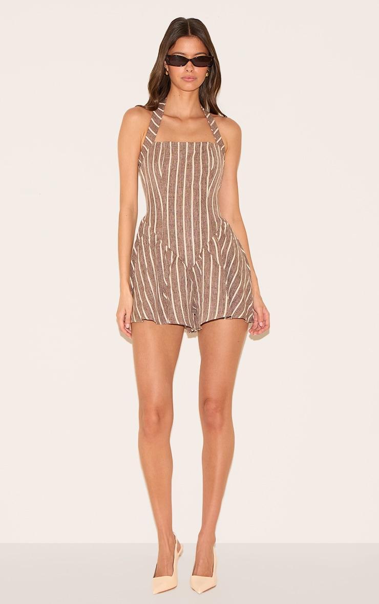 Chocolate Pinstripe Linen Halter Neck Floaty Romper Product Image