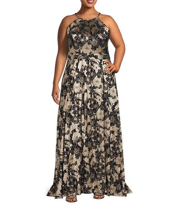 Betsy & Adam Plus Size Metallic Crinkle Sleeveless Halter Neck Foil Floral Print A-Line Gown Product Image