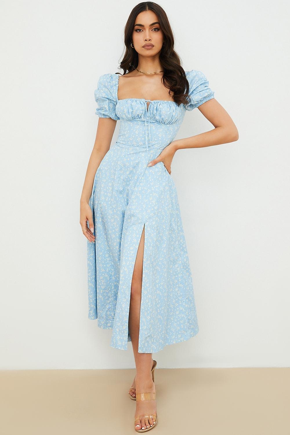 Tallulah Blue Ivory Floral Puff Sleeve Midi Dress Product Image