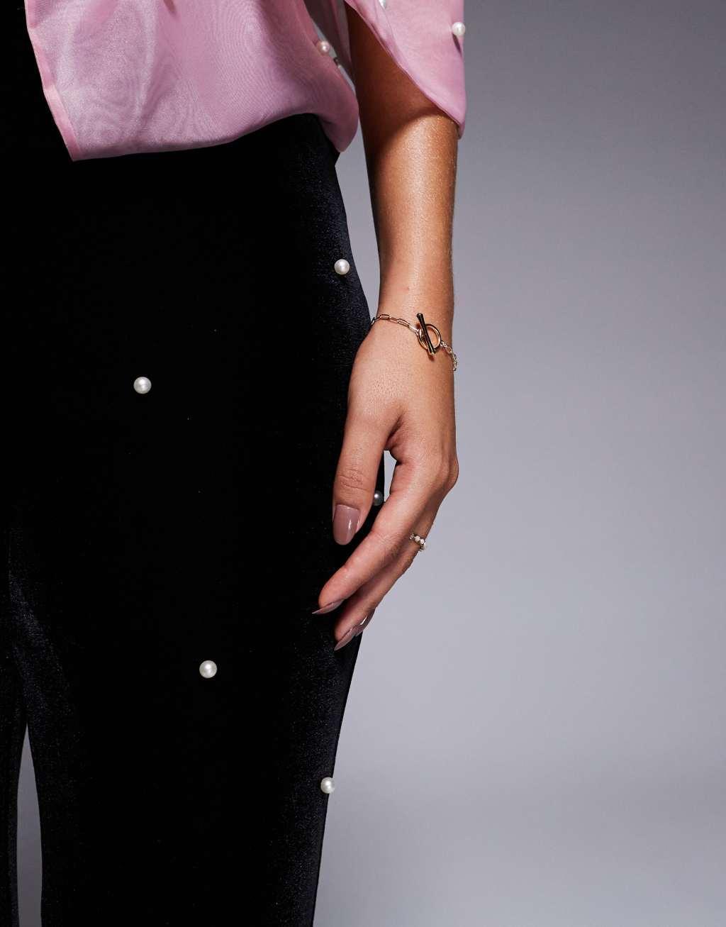ASOS LUXE velvet pants with pearl embellishment in black - part of a set Product Image