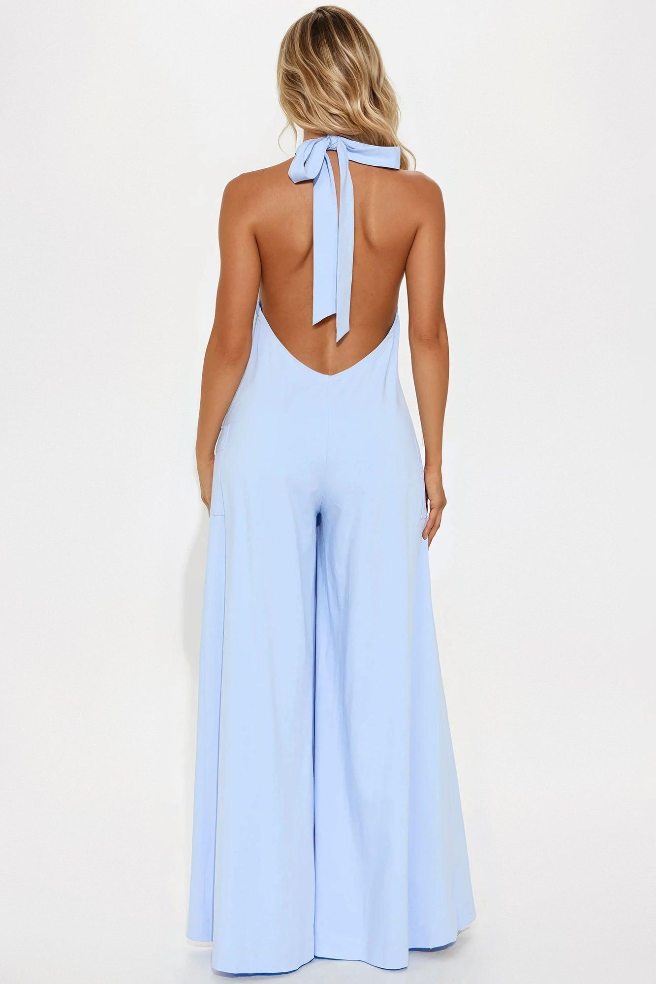 Linnet Tie Halter Wide Leg Jumpsuit - Light Blue Product Image