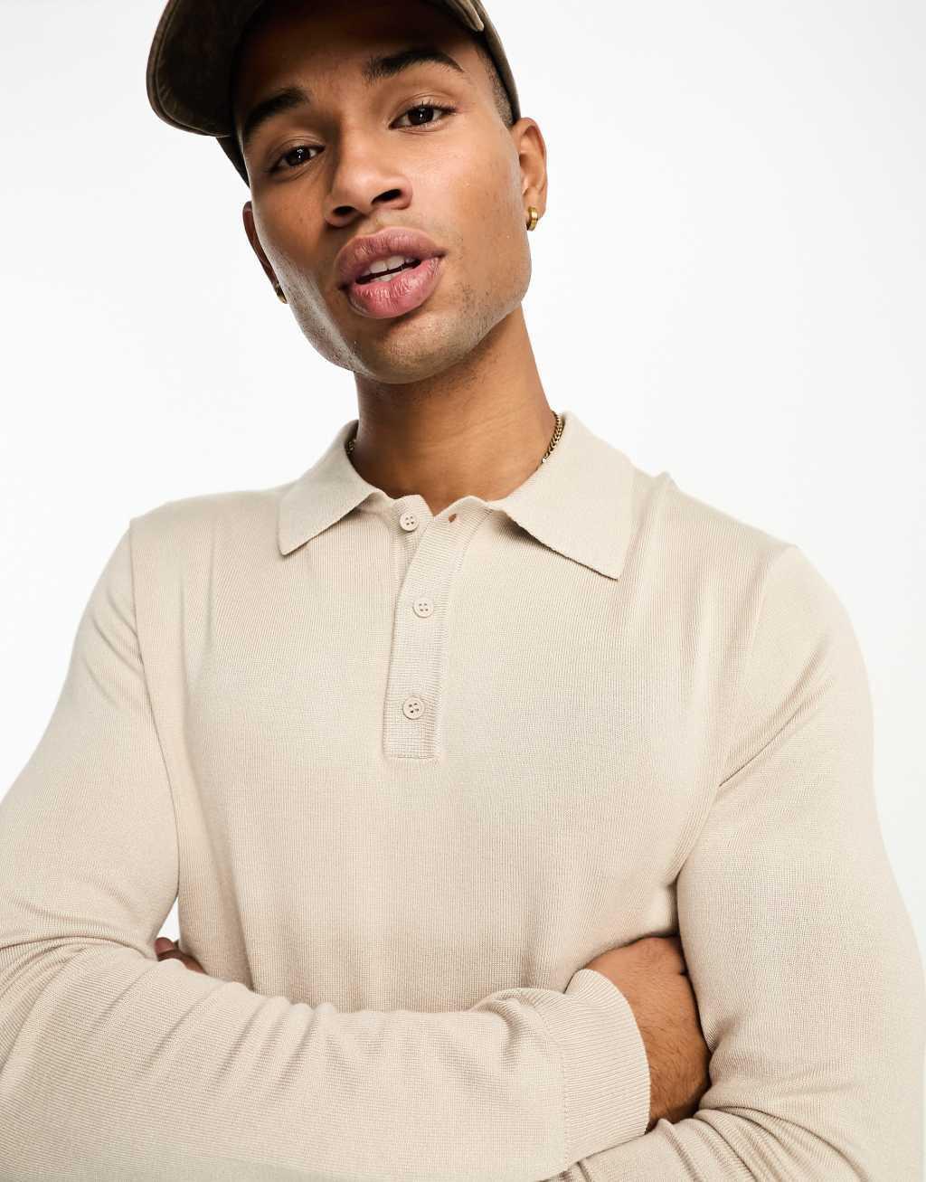 ONLY & SONS knit long sleeve polo in beige Product Image