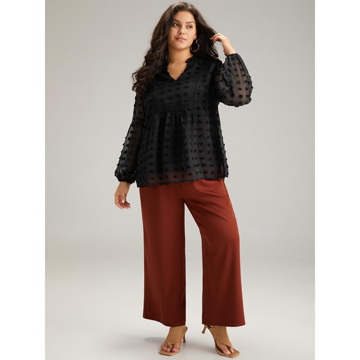 Plus Size Black Polka Dot Frill Trim Mesh Blouse Women Elegant Long Sleeve Notched collar Dailywear Blouses BloomChic 28/5X Product Image