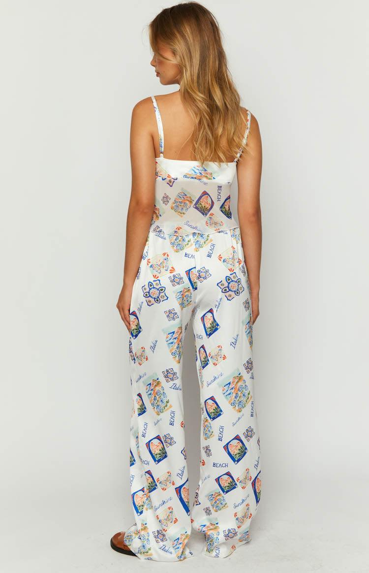 Bridget White Satin Italia Print Pants Product Image