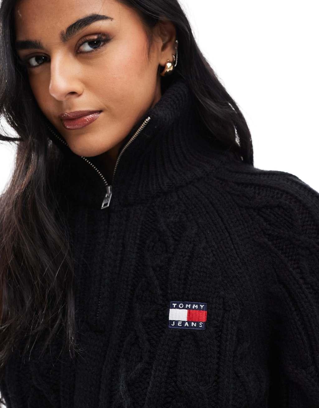 Tommy Jeans cable knit 1/4 sweater in black Product Image
