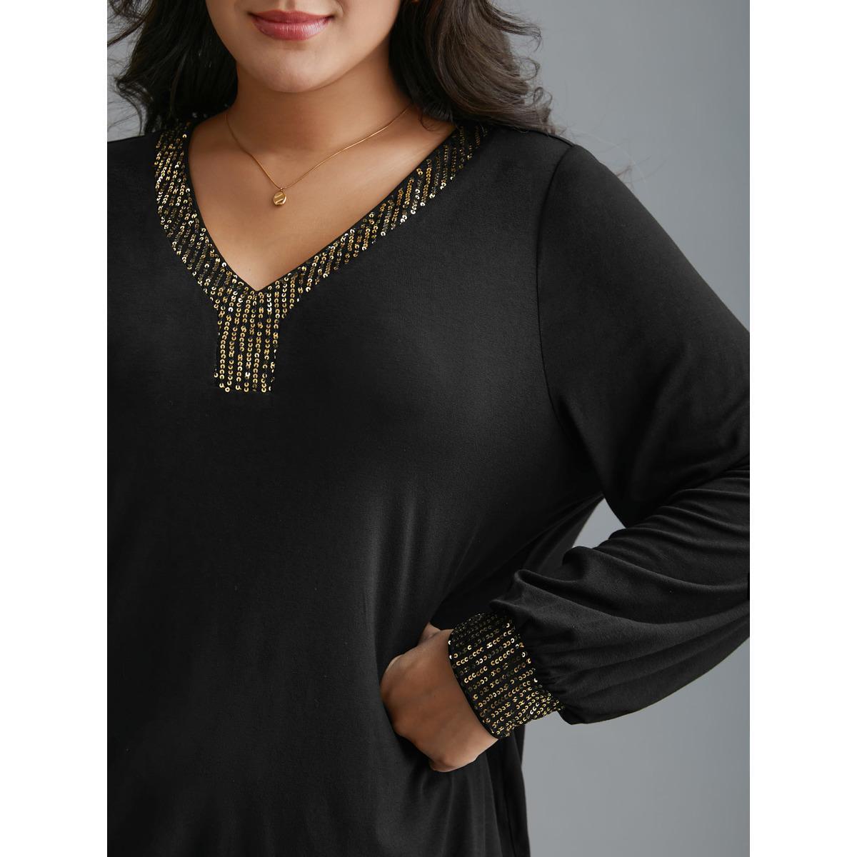 Plus Size Supersoft Essentials Sequin V-Neck T-shirt Black Women Elegant Patchwork V-neck Everyday T-shirts BloomChic 18-20/2X Product Image