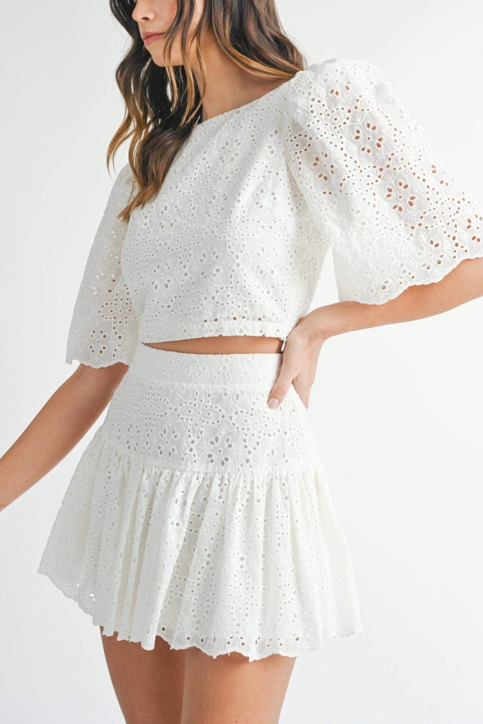 Eyelet Lace Puff Sleeve Crop Top & Skirt Set Product Image
