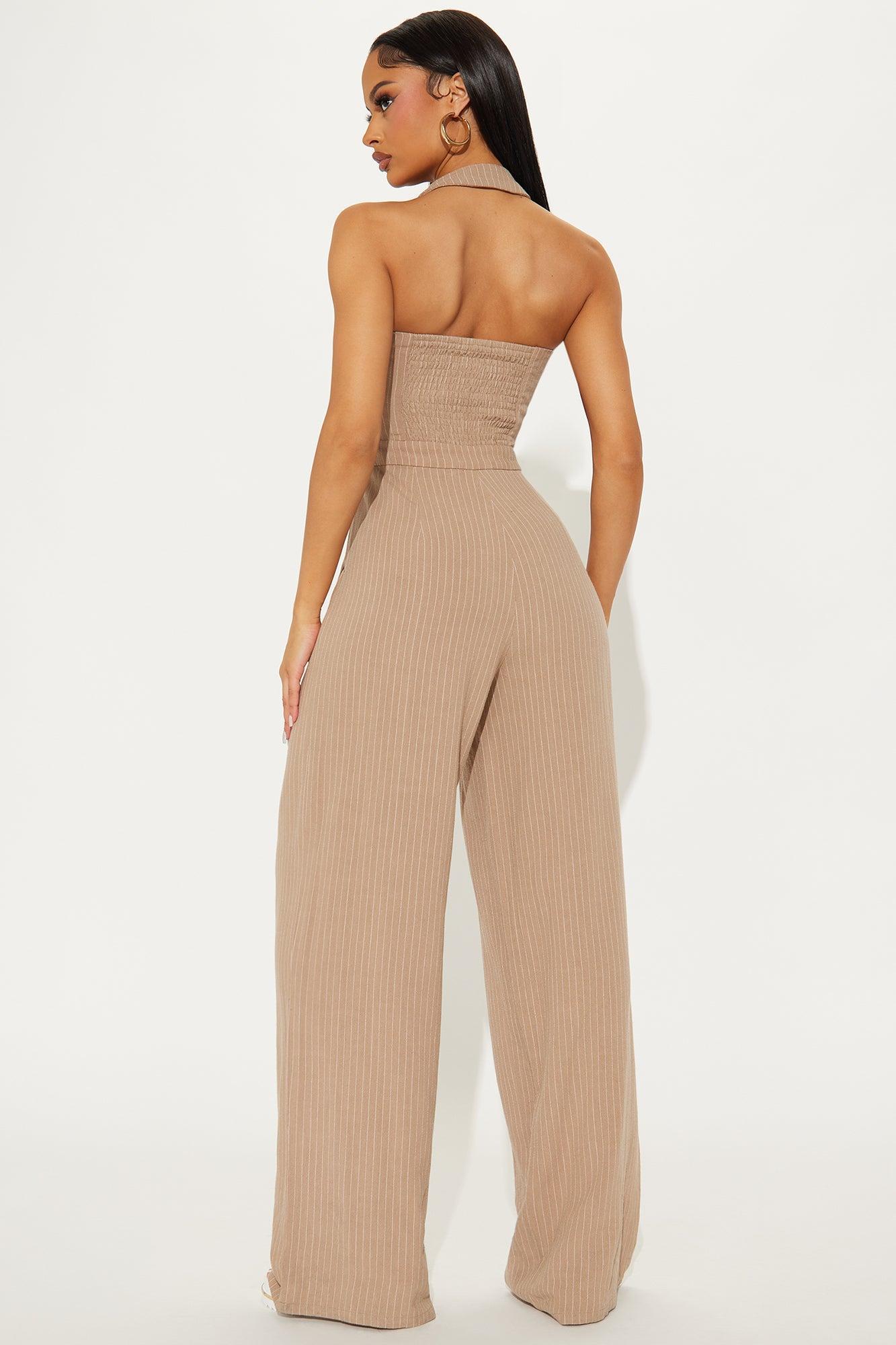 Penelope Pinstripe Linen Jumpsuit - Taupe Product Image