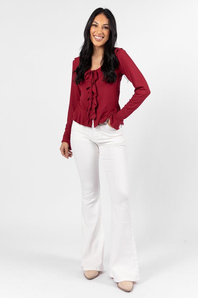 Treat You The Same Wine Ruffle Detail Ribbed Blouse FINAL SALE Product Image
