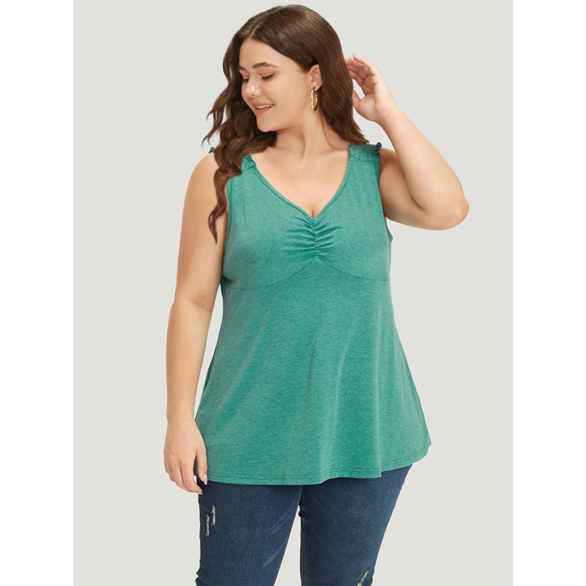 Plus Size Plain V Neck Ruched Shirred Tank Top Women Emerald Elegant Plain V-neck Dailywear Tank Tops Camis BloomChic 22-24/3X Product Image