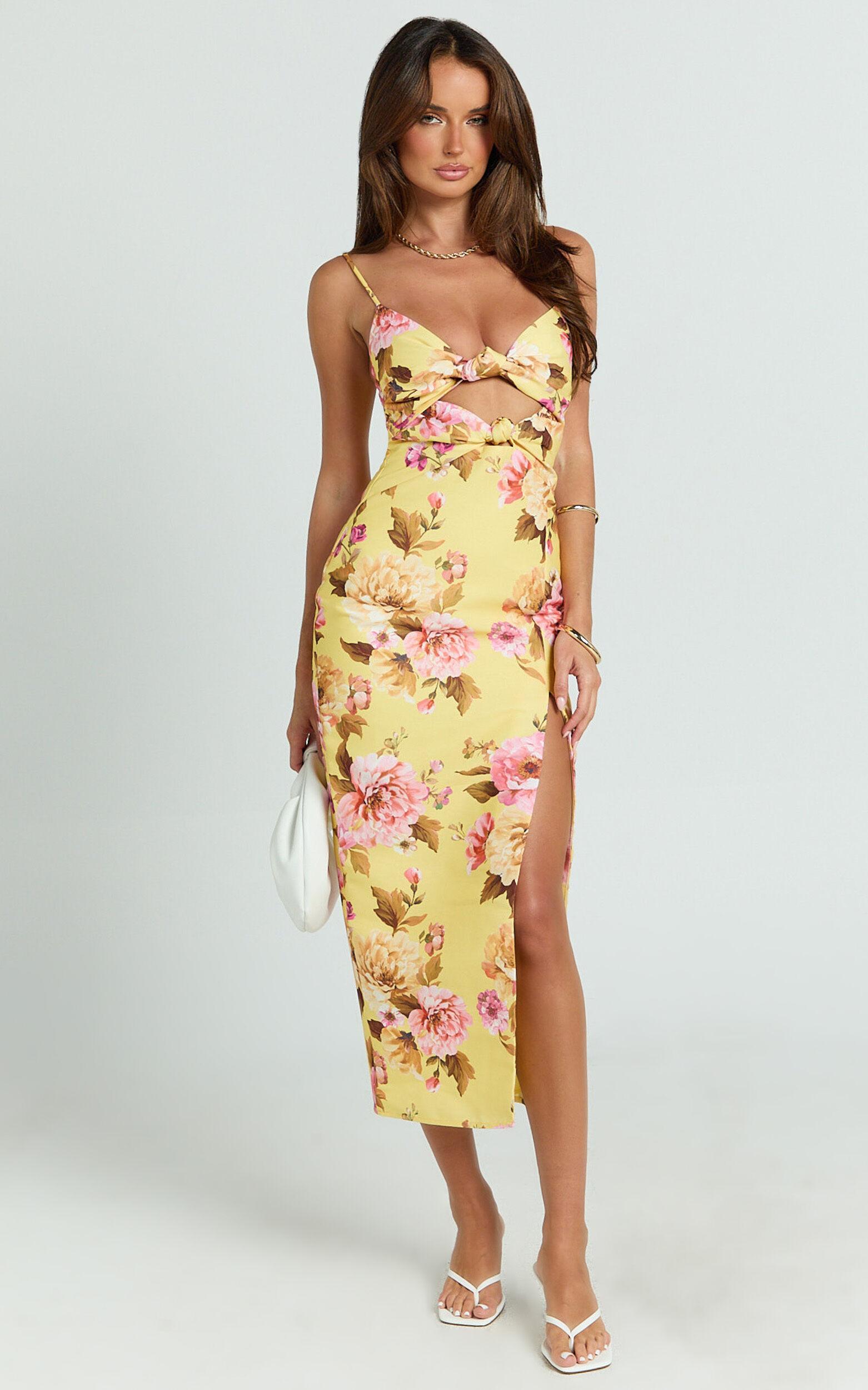 Janice Midi Dress - Knot Detail Front Split Dress in Sunshine Floral Product Image