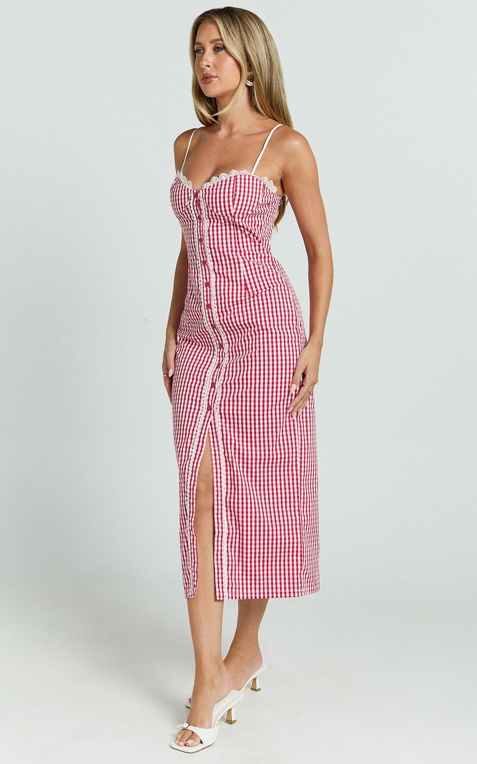 Anessa Midi Dress - Button Front Bustier Fitted Dress in Red Gingham Product Image