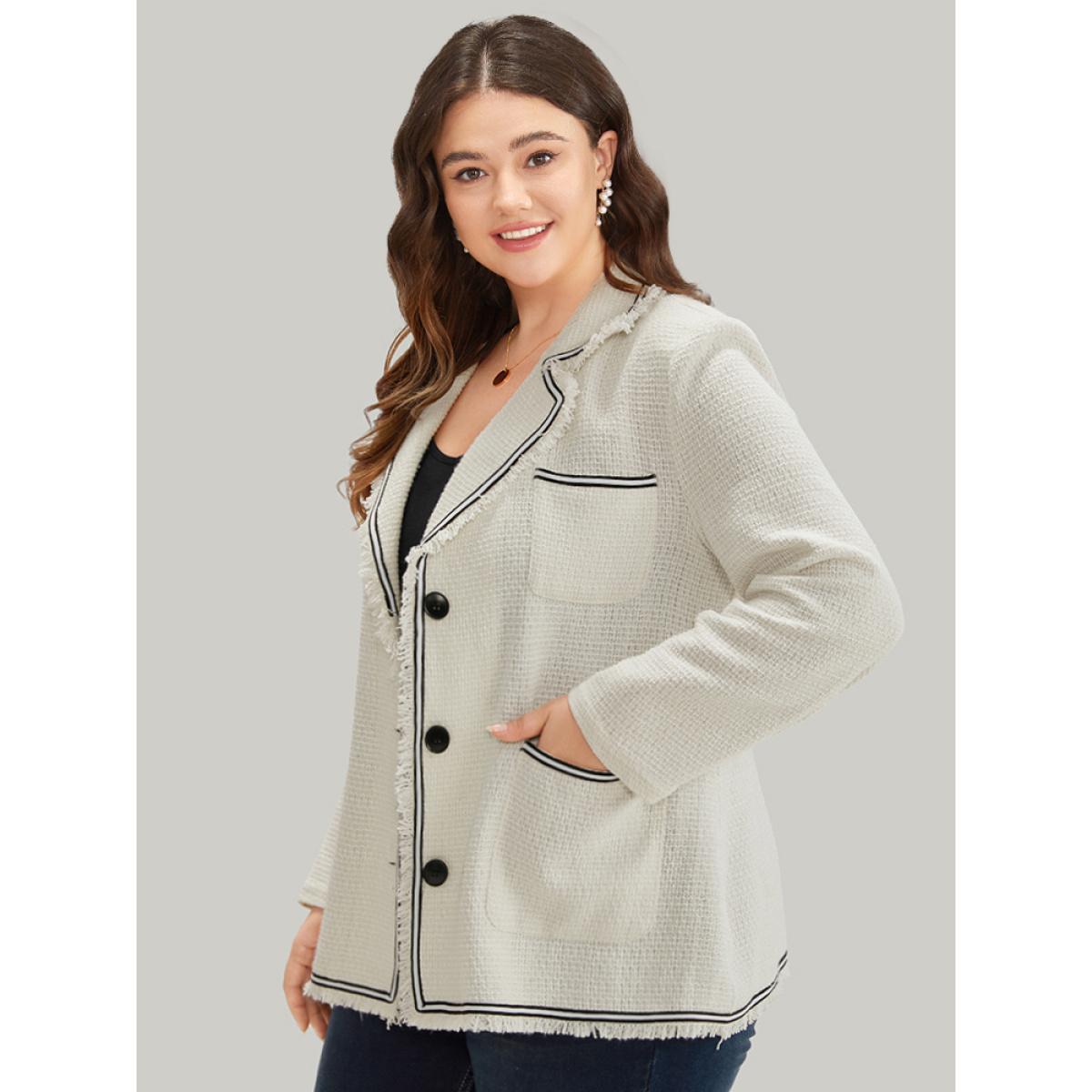 Plus Size Lapel Collar Tweed Contrast Fuzzy Trim Blazer White Women Work Plain Texture Sleeve Long Sleeve Lapel Collar 14-16/1X Pocket Office Blazers BloomChic Product Image