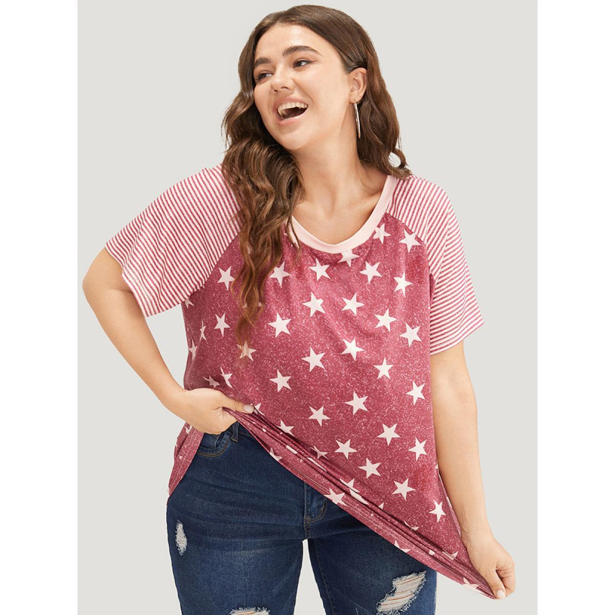 Plus Size Star Patchwork Striped Raglan Sleeve T-shirt Russet Women Casual Moon and Star Round Neck Dailywear T-shirts BloomChic 18-20/2X Product Image