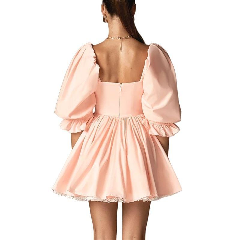 Puff-Sleeve Square Neck Plain Mini A-Line Dress Product Image