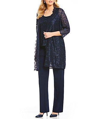 R  M Richards Plus Size Scoop Neck 34 Sleeve Scallop Glitter Lace Duster 3 Product Image