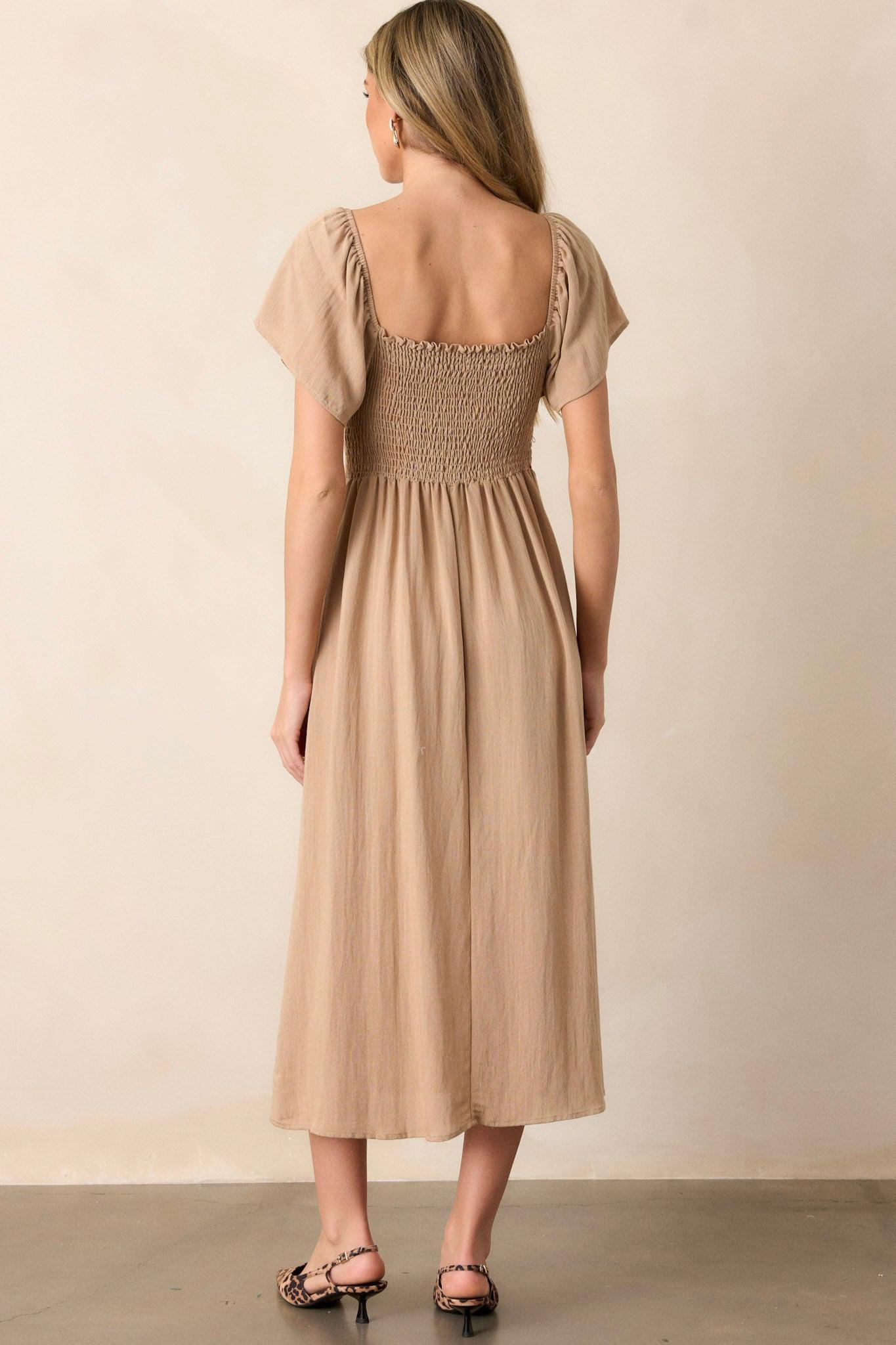 Boho Beauty Tan Puff Sleeve Midi Dress Product Image