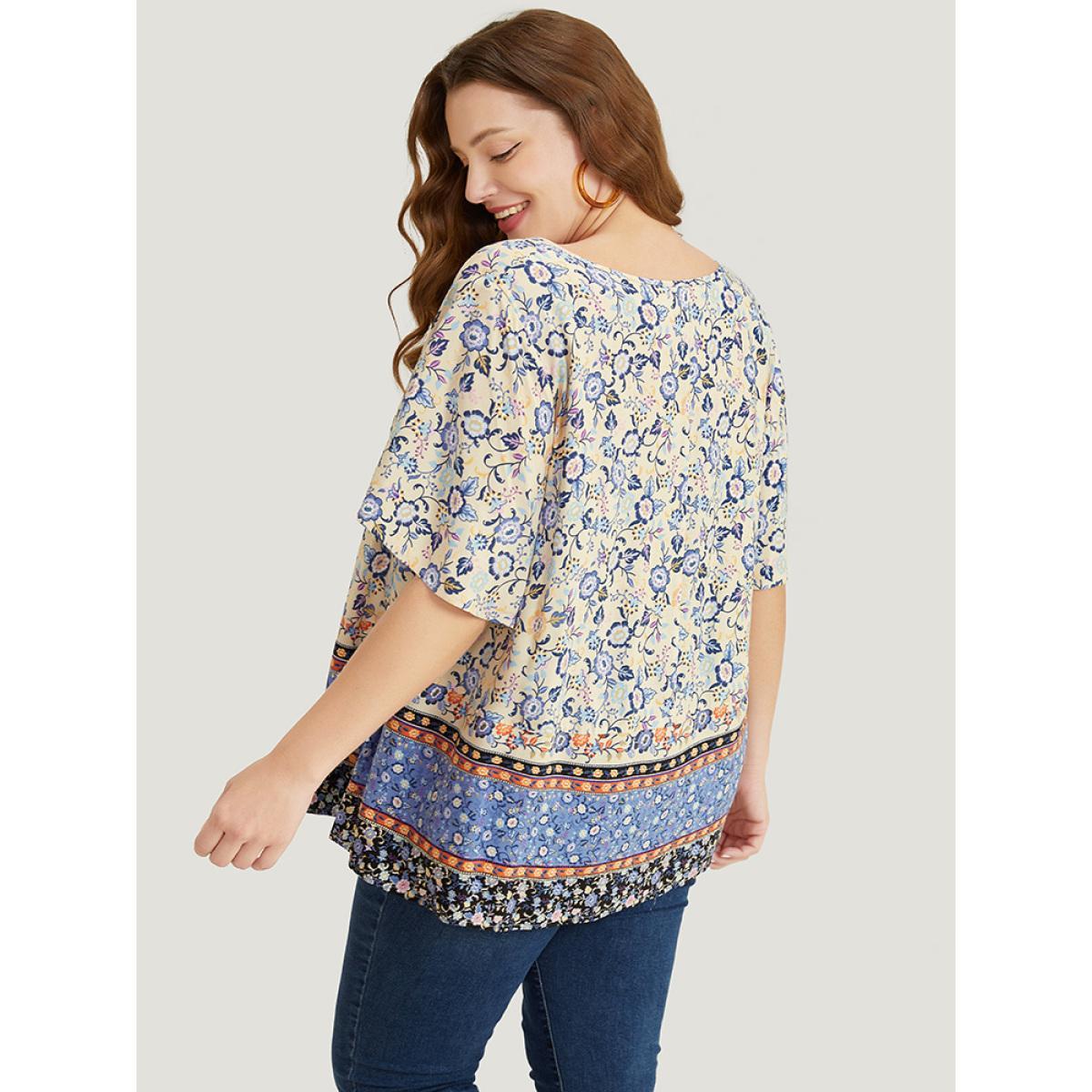 Plus Size Multicolor Bandana Printed Ties Front Ruffle Sleeve Blouse Women Vacation Short sleeve Tie Neck Dailywear Blouses BloomChic 14-16/1X Product Image