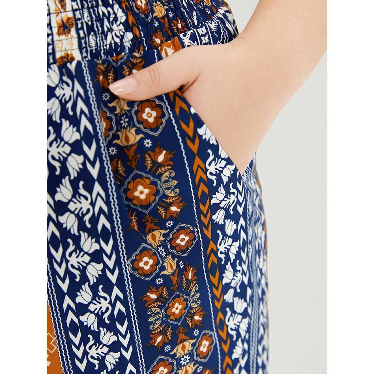Plus Size Boho Print Shirred Pocket Elastic Waist Pants Women Indigo Resort Wide Leg High Rise Vacation Pants BloomChic 28/5X Product Image