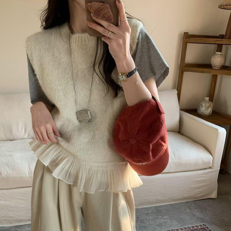 Crew Neck Ruffle Panel Sweater Vest Product Image