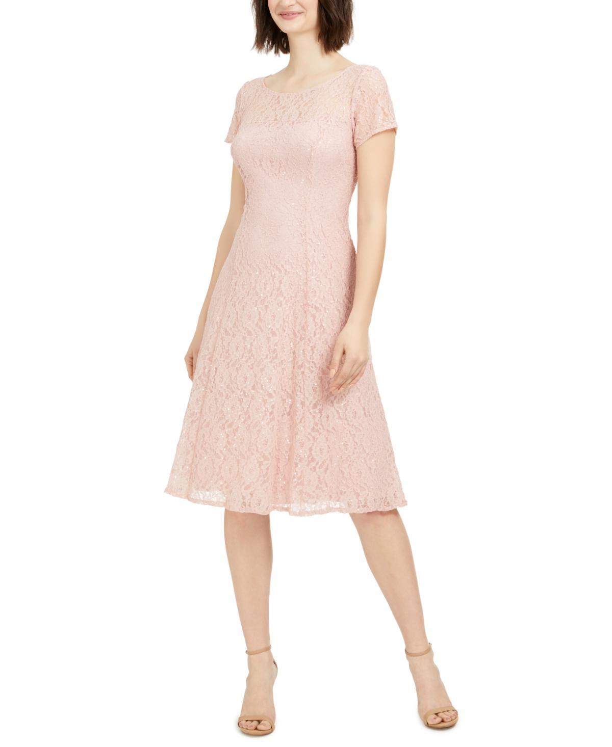 Ignite Evenings Round Neck Short Sleeve Sequin Lace Midi Dress Product Image