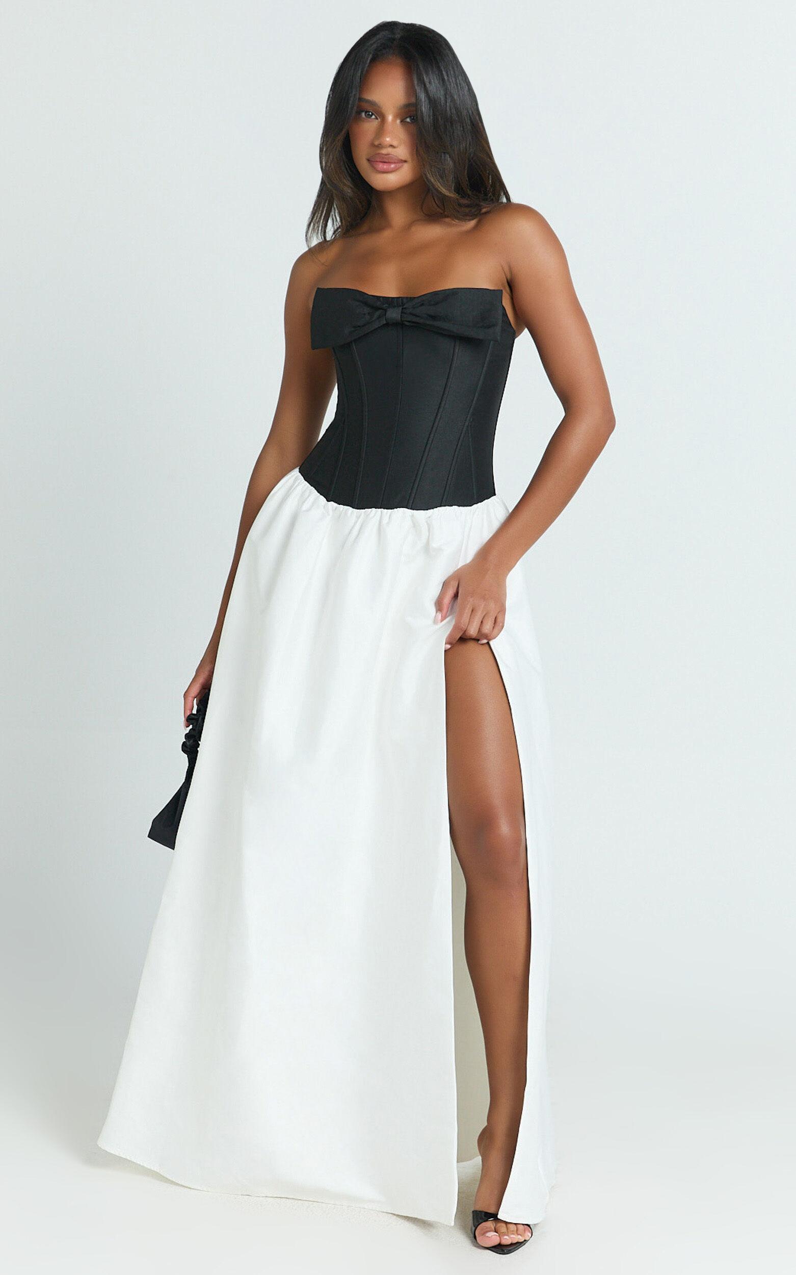 Santana Maxi Dress - Contrast Strapless Fit And Flare Dress in Black/White Product Image