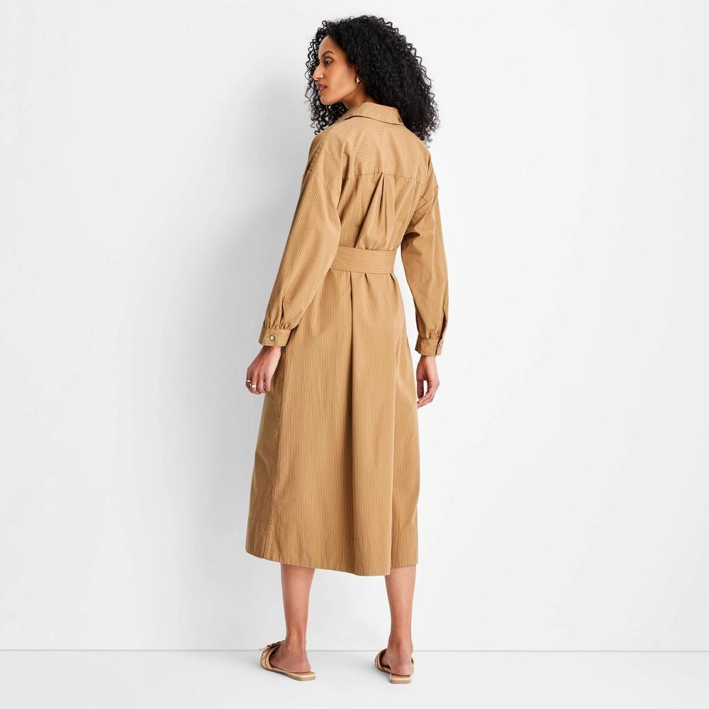 Womens Belted Maxi Shirtdress - Future Collective Brown Striped S: Collared Long Sleeve, Front Button Down Product Image