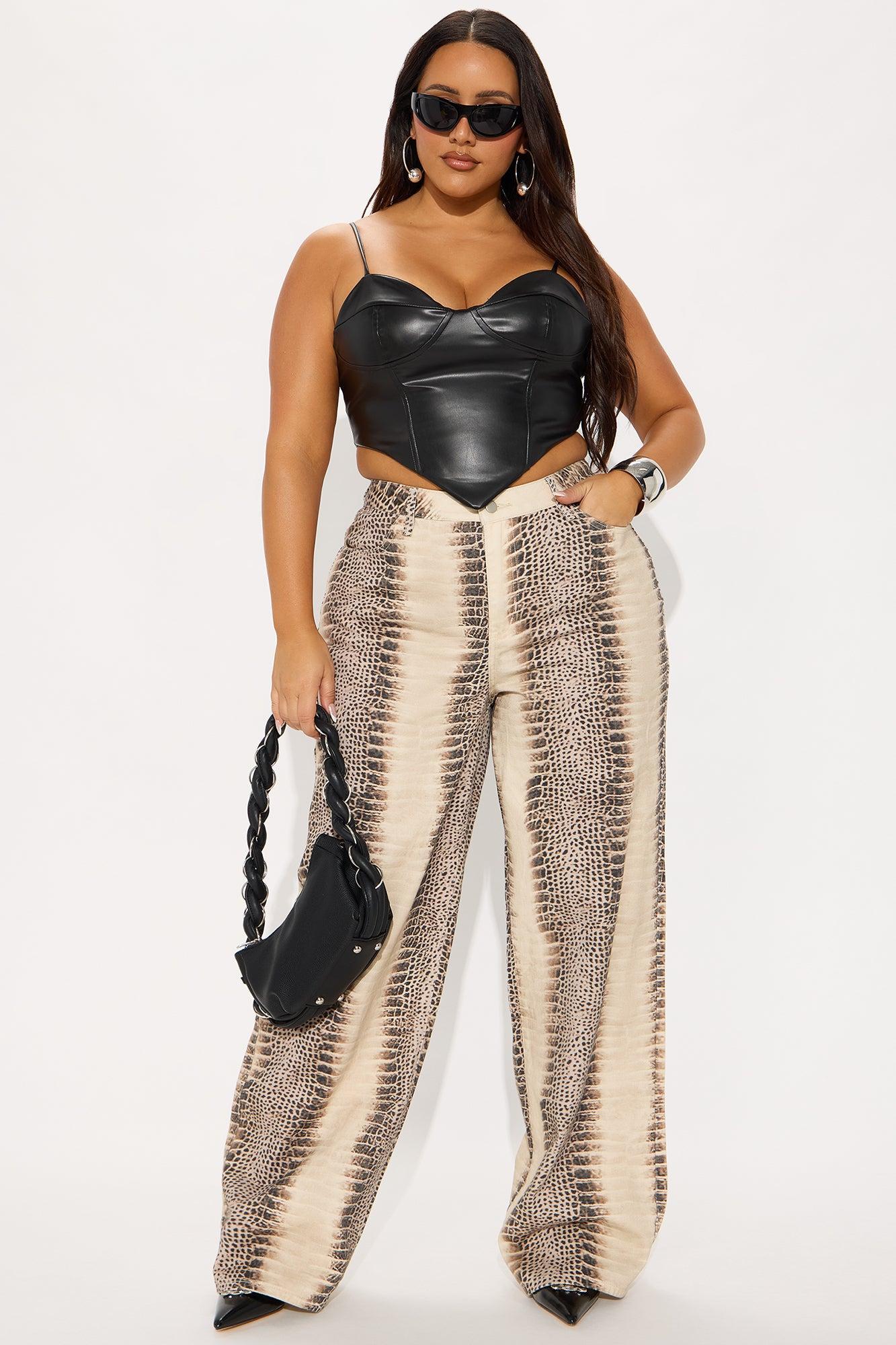 Rattle Me Up High Rise Snake Print Wide Leg Jeans - Beige/Brown Product Image
