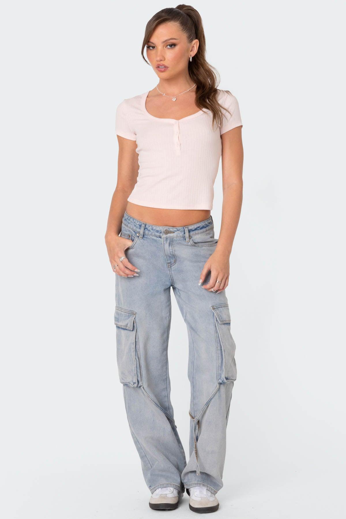 Via Low Rise Washed Denim Cargo Pants Product Image
