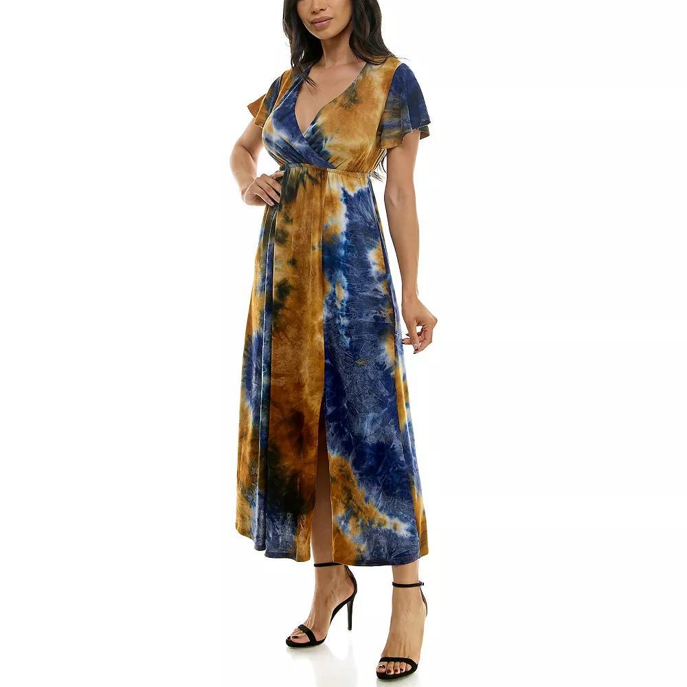 Women's Nina Leonard Tie Dye Print Flutter Sleeve V-Neck Maxi Dress, Size: Small, Grey Team Product Image