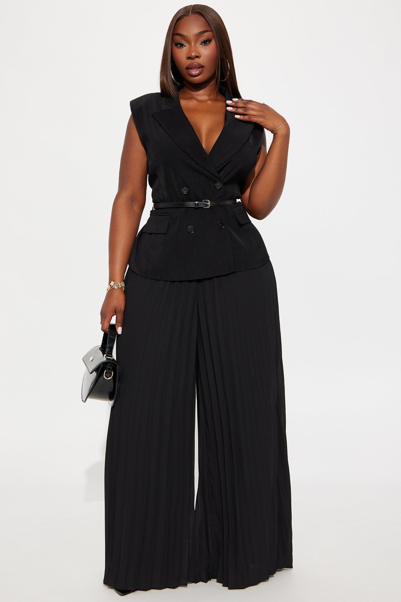 Veronica Belted Vest Pleated Pant Set - Black Product Image