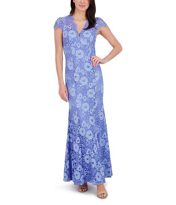 Eliza J Lace V Neck Cap Sleeve Fit and Flare Gown Product Image