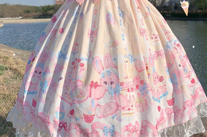 Rabbit Print Lace Ruffle Midi Lolita Pinafore Dress / Petticoat Product Image