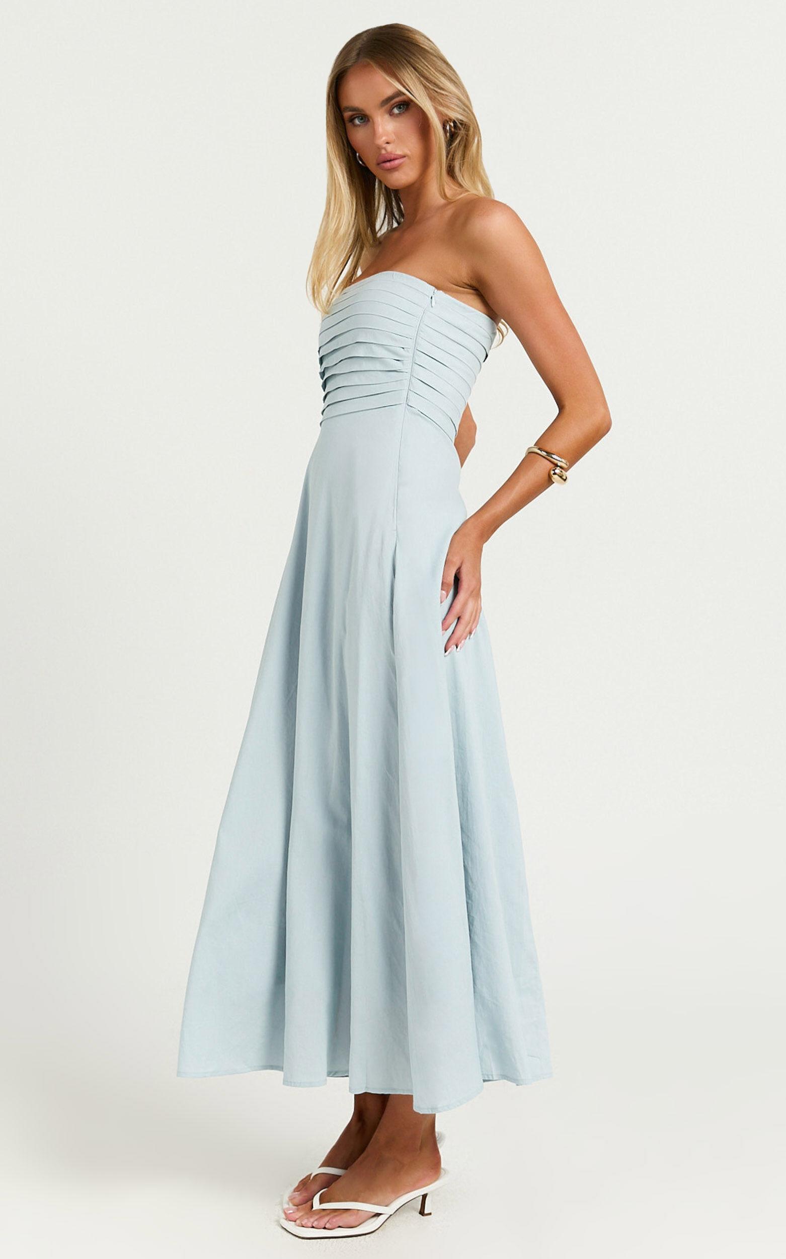 Barbra Midi Dress - Strapless Ruched Bodice Dress in Blue Product Image