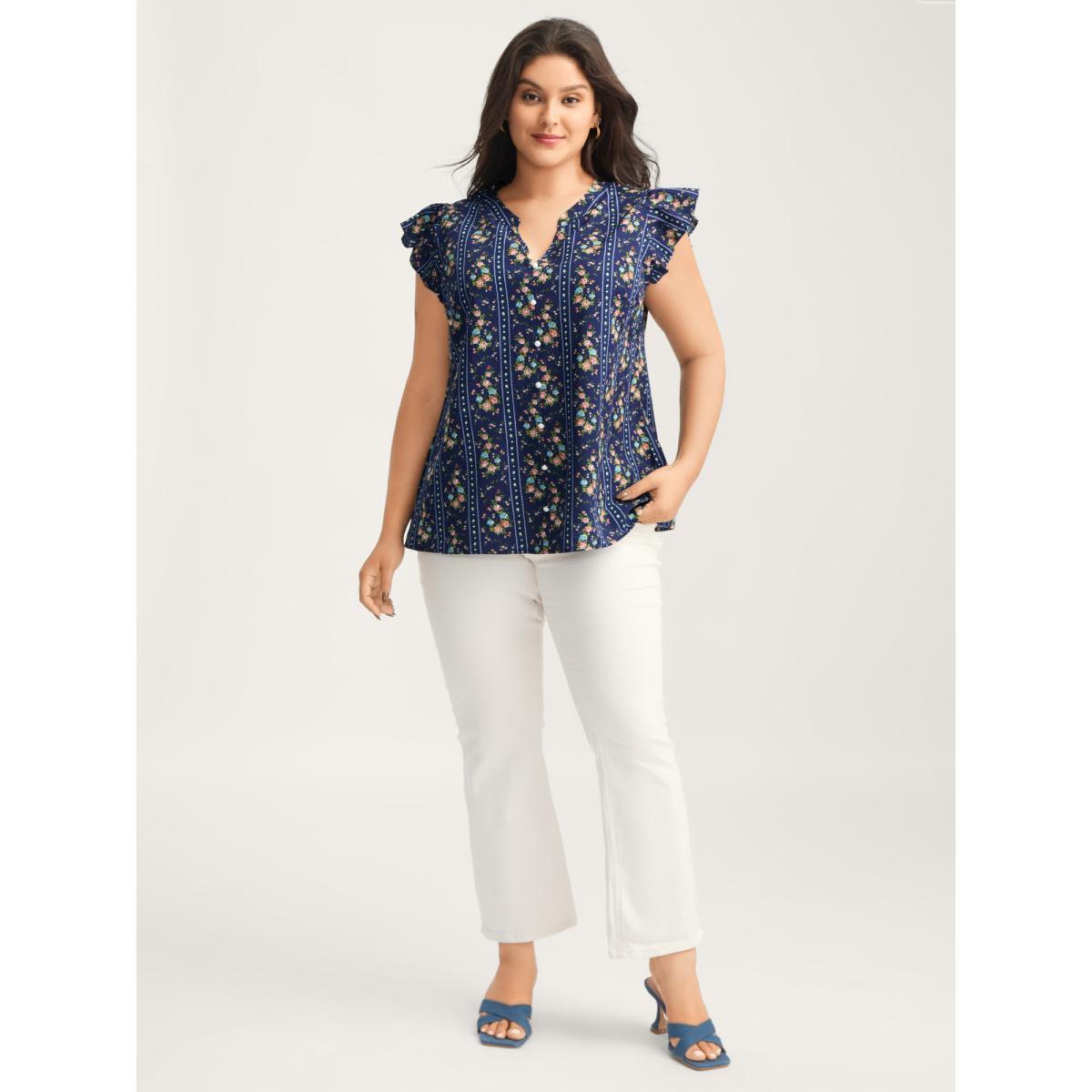 Plus Size DarkBlue Floral Stripes Flutter Sleeve Blouse Women Cap Sleeve Flat collar with V-notch Everyday-Elegant Blouses BloomChic 18-20/2X Product Image