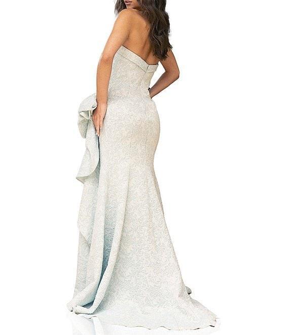 Terani Couture Brocade Strapless Sleeveless Gathered Side Ruffle Gown Product Image