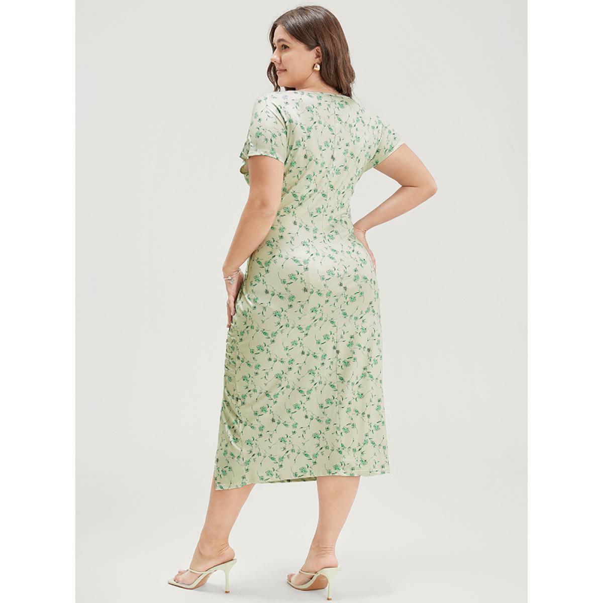 Plus Size Floral Printed Split Hem Cap Sleeve Ruched Dress Mint Women Glamour Slit V-neck Cap Sleeve Curvy Midi Dress BloomChic 14-16/1X Product Image
