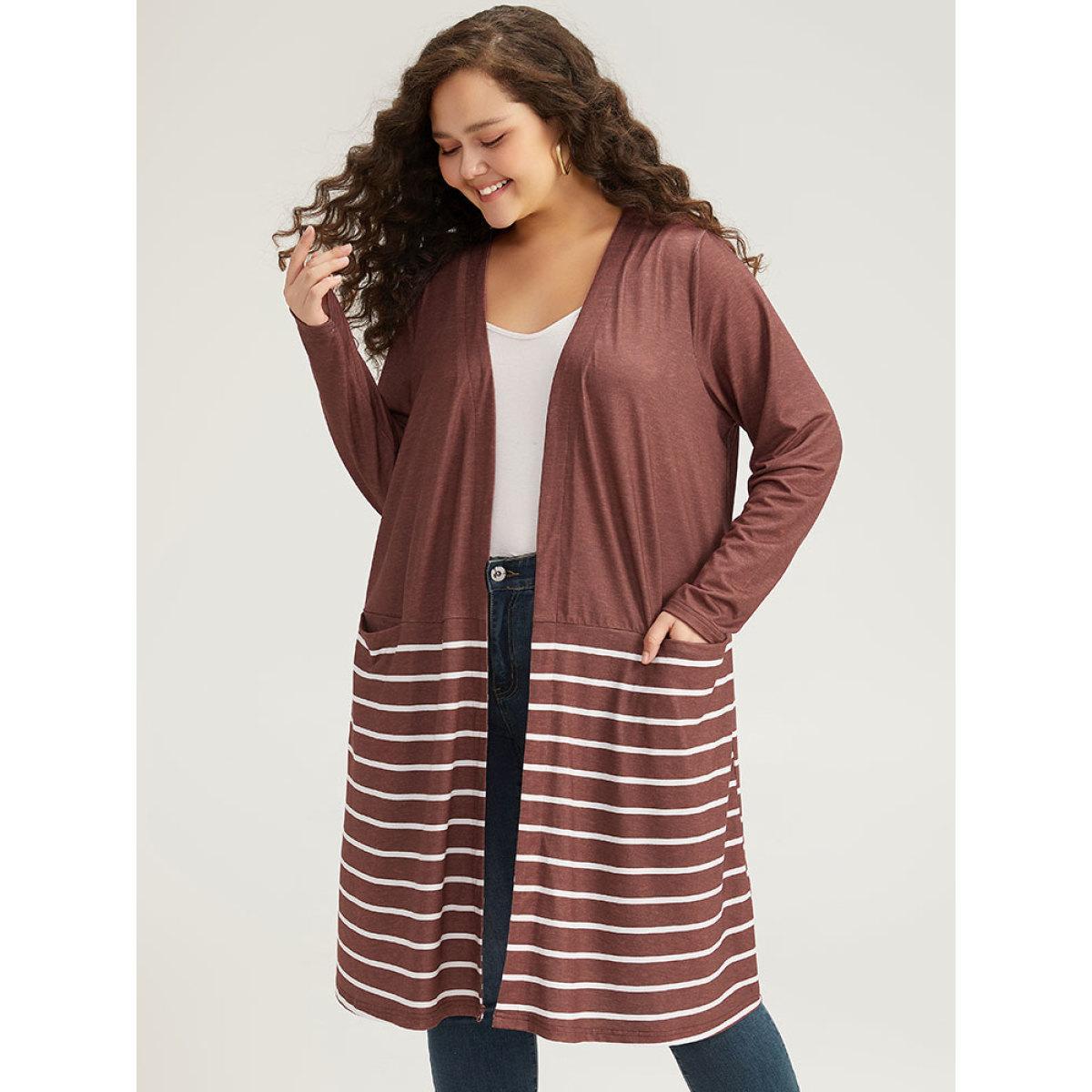 Plus Size Striped Contrast Pocket Open Front Kimono Women DarkBrown Casual Contrast Pocket Dailywear Kimonos BloomChic 30/6X Product Image