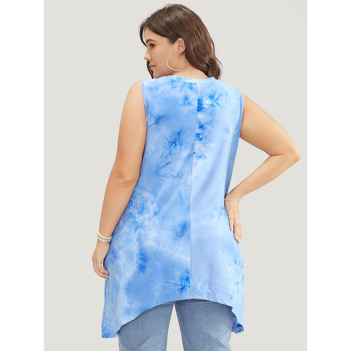 Plus Size Floral & letter Print Asymmetrical Hem Tie Dye Tank Top Women LightBlue Casual Printed Dailywear Tank Tops Camis BloomChic 12/L Product Image
