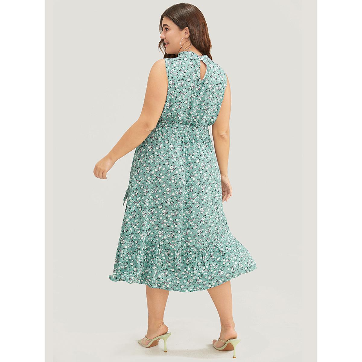 Plus Size Ditsy Floral Keyhole Pocket Belted Mock Neck Ruffles Dress Mint Women Elegant Pocket Mock Neck Sleeveless Curvy Midi Dress BloomChic 22-24/3X Product Image